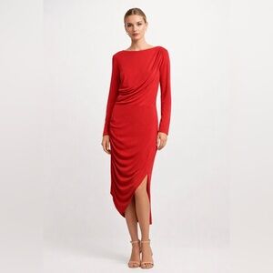 H&M Vibrant Red Long Sleeve Ruched Dress